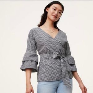 Loft black and white gingham wrap tie blouse with ruffle sleeves